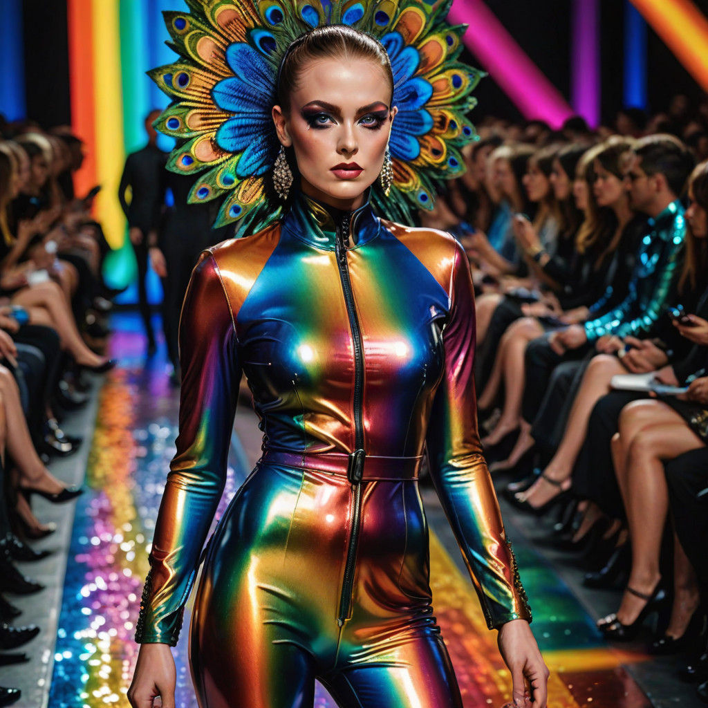 High-Fashion Peacock Model on Vibrant Rainbow Runway