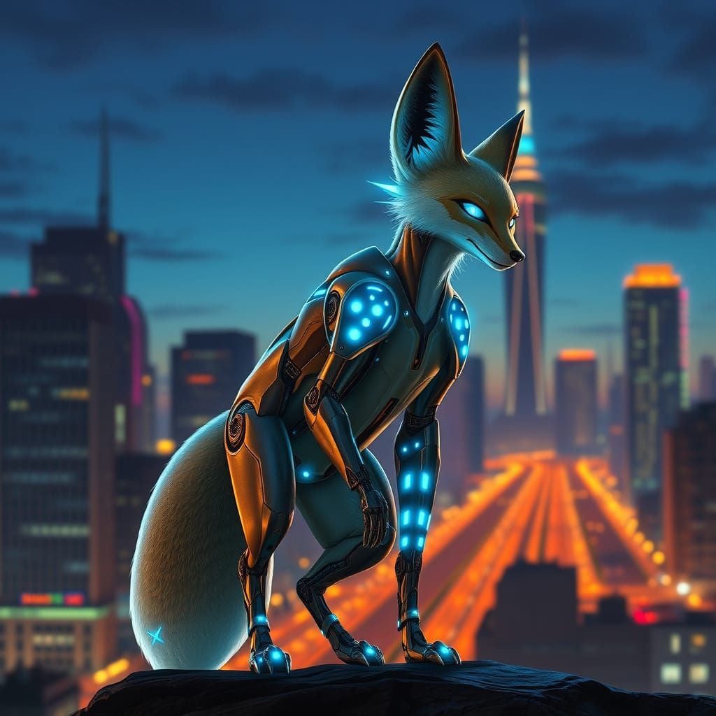Cybernetic Fox in Futuristic Cityscape