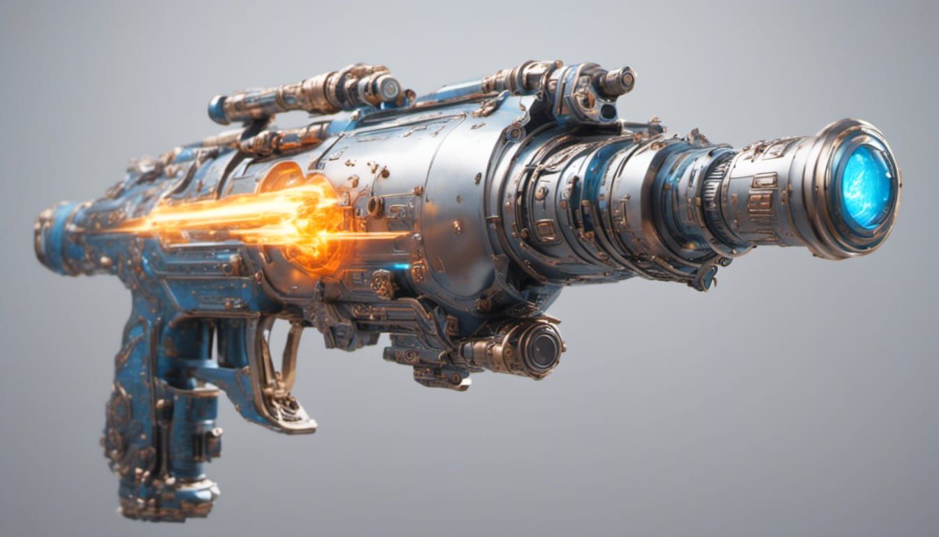 <lora:KrakSciFi:1.0> <lora:MakeItPretty:1.0> <lora:eye:1.0> metal and glass raygun (internal parts visible) shooting bea...