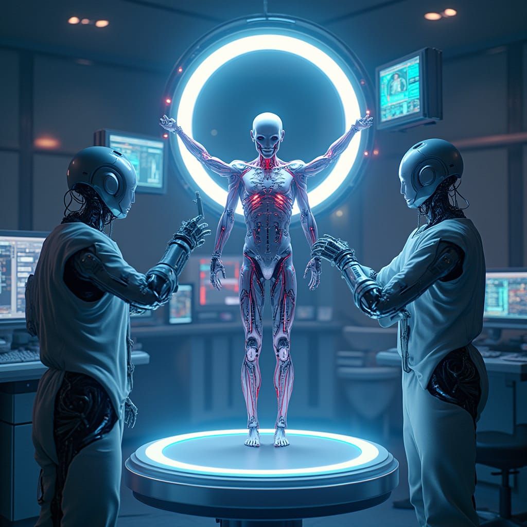 Futuristic Surgical Chamber with Cyborg in Vitruvian Pose