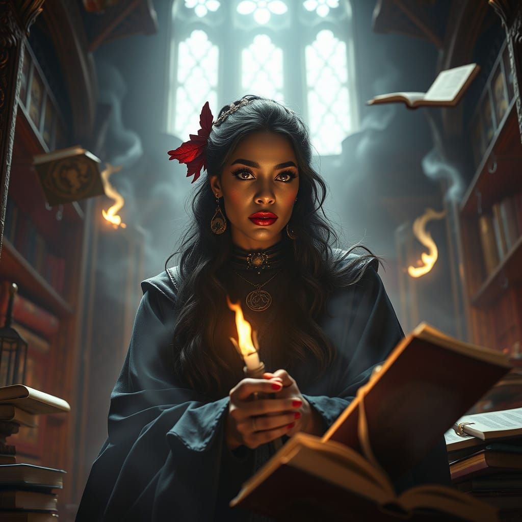 Mystical Black Sorceress in Ancient Arcane Tower