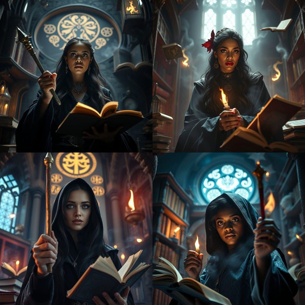 Elegant Black Sorceress in Ancient Arcane Tower