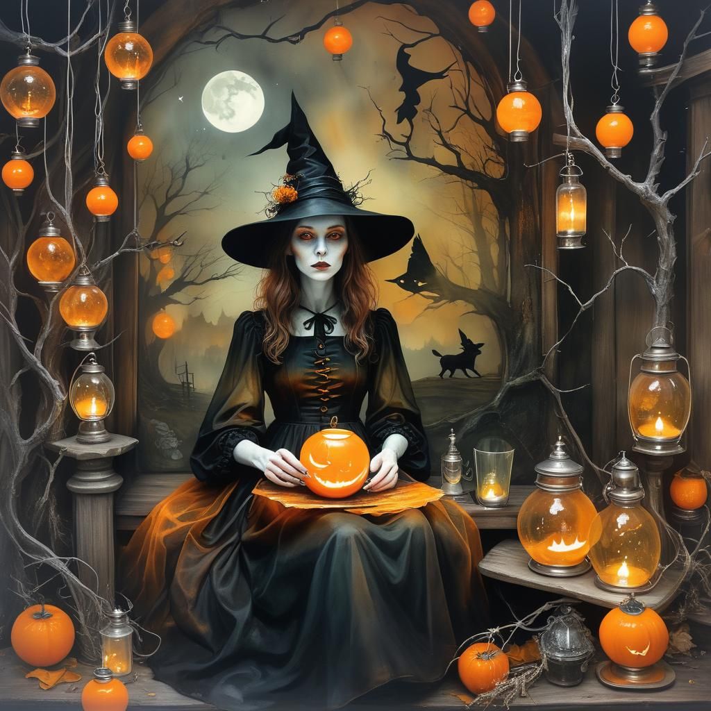 (Double exposure:1.5) Content witch sitting orange bar lante...