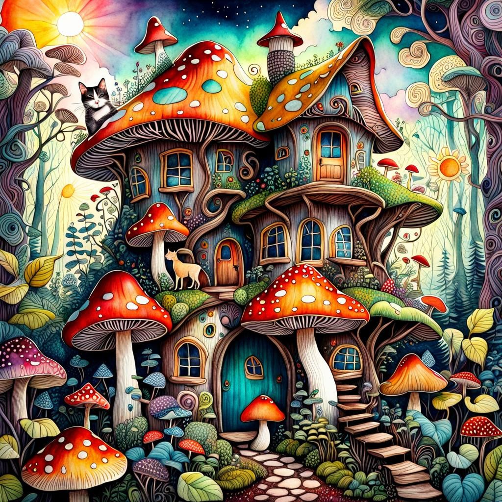 Whimsical Mushroom Cottage in Forest: Watercolor and Zentang...