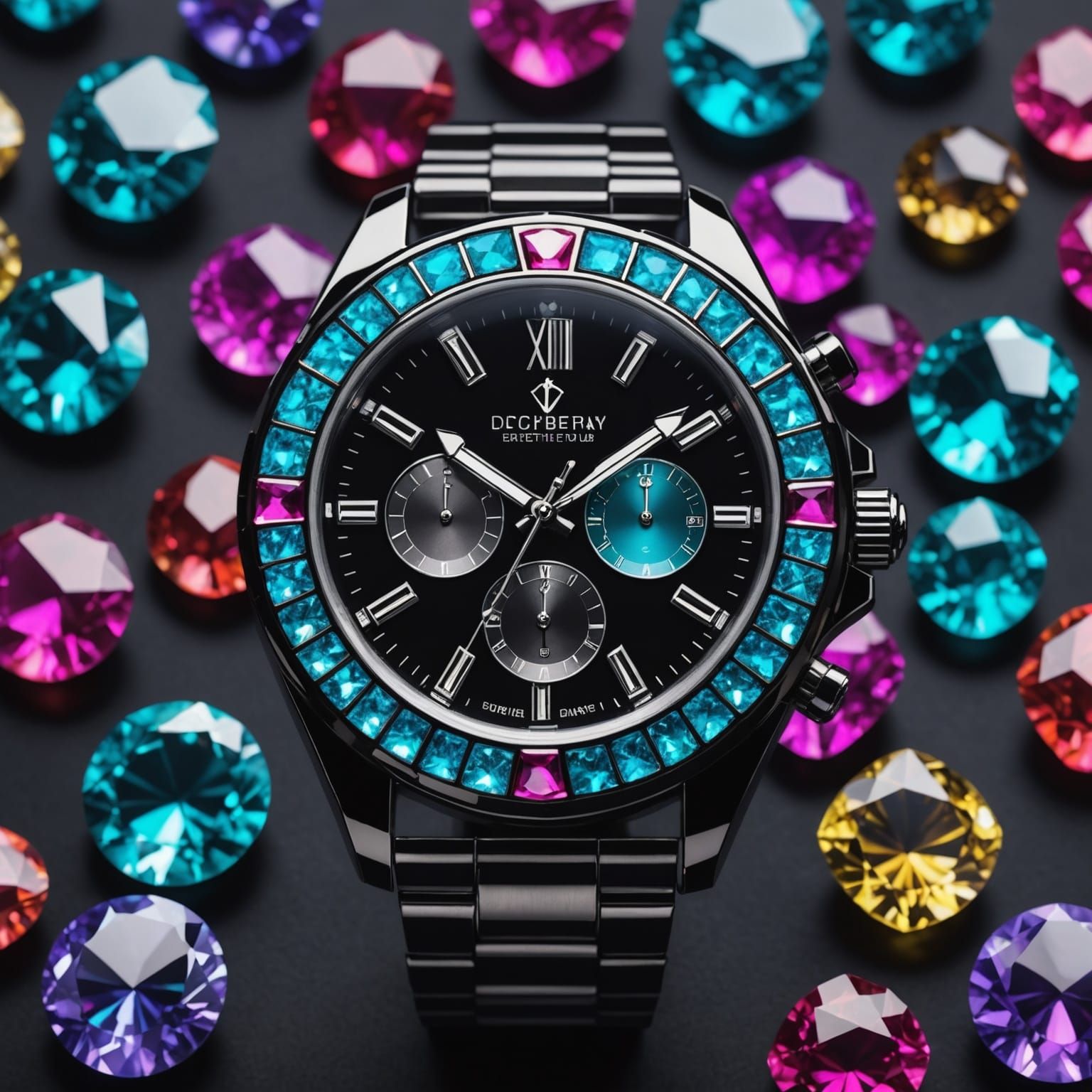 Luxury Watch with Gemstones in Synthwave Neon Style