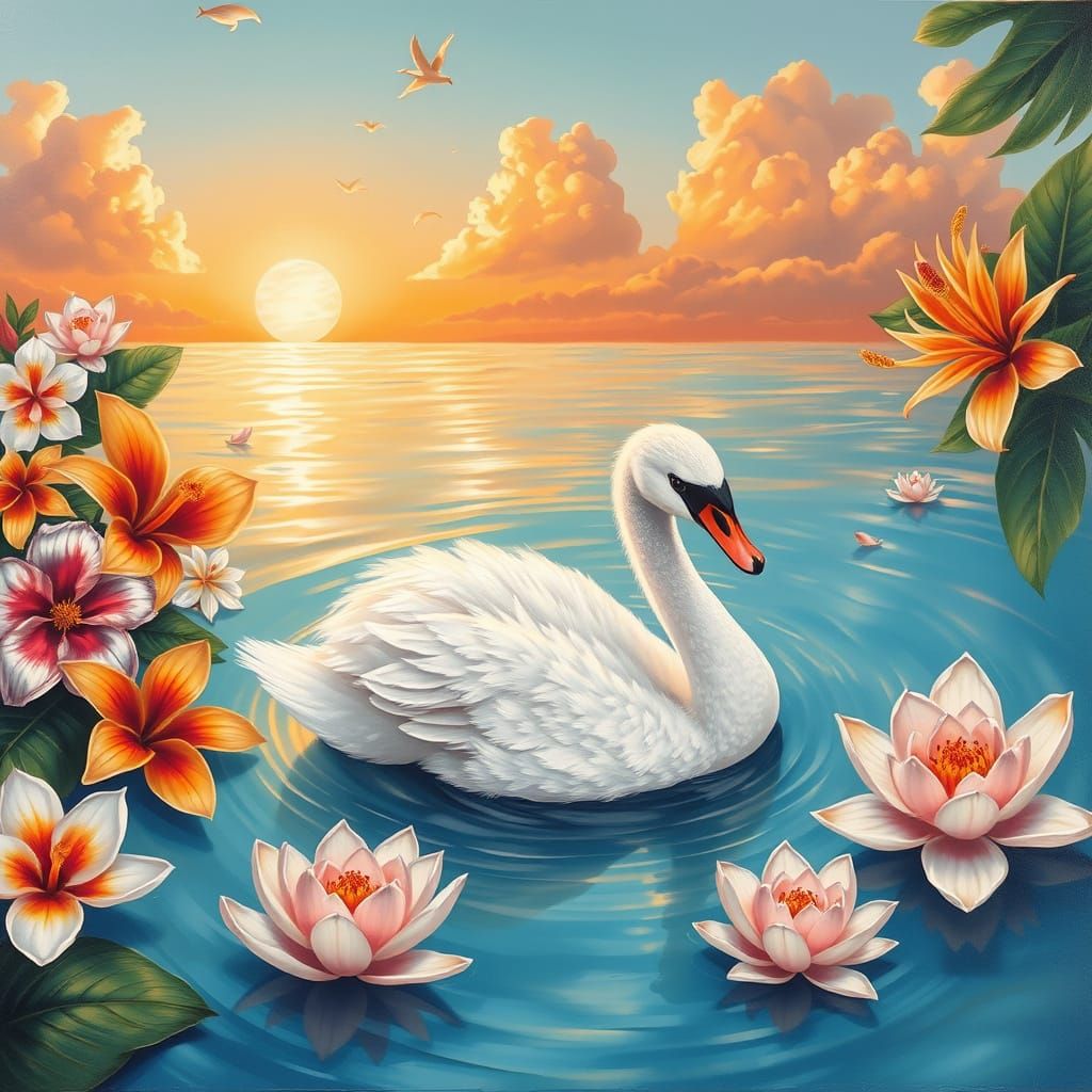 Swan, Ocean, Sunset