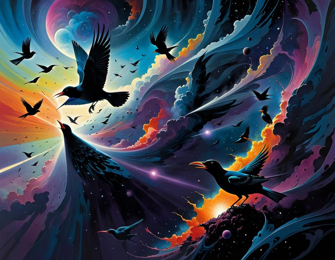 Surreal Birds in Space: Cosmic Horror Illustration