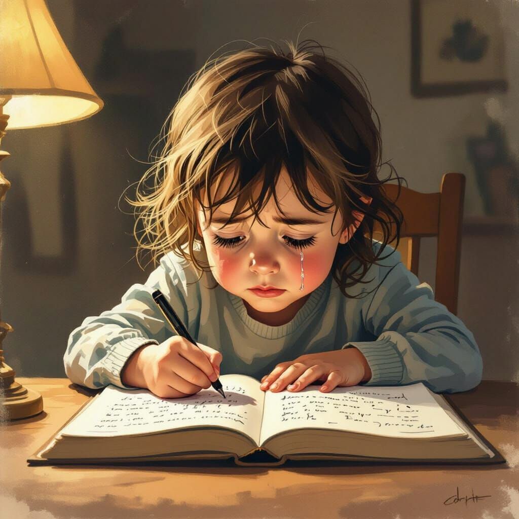 Sad Child Writes in Book, Storybook Illustration Style