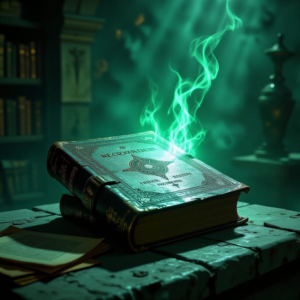 Ancient Necronomicon on Altar in Eerie Green Light