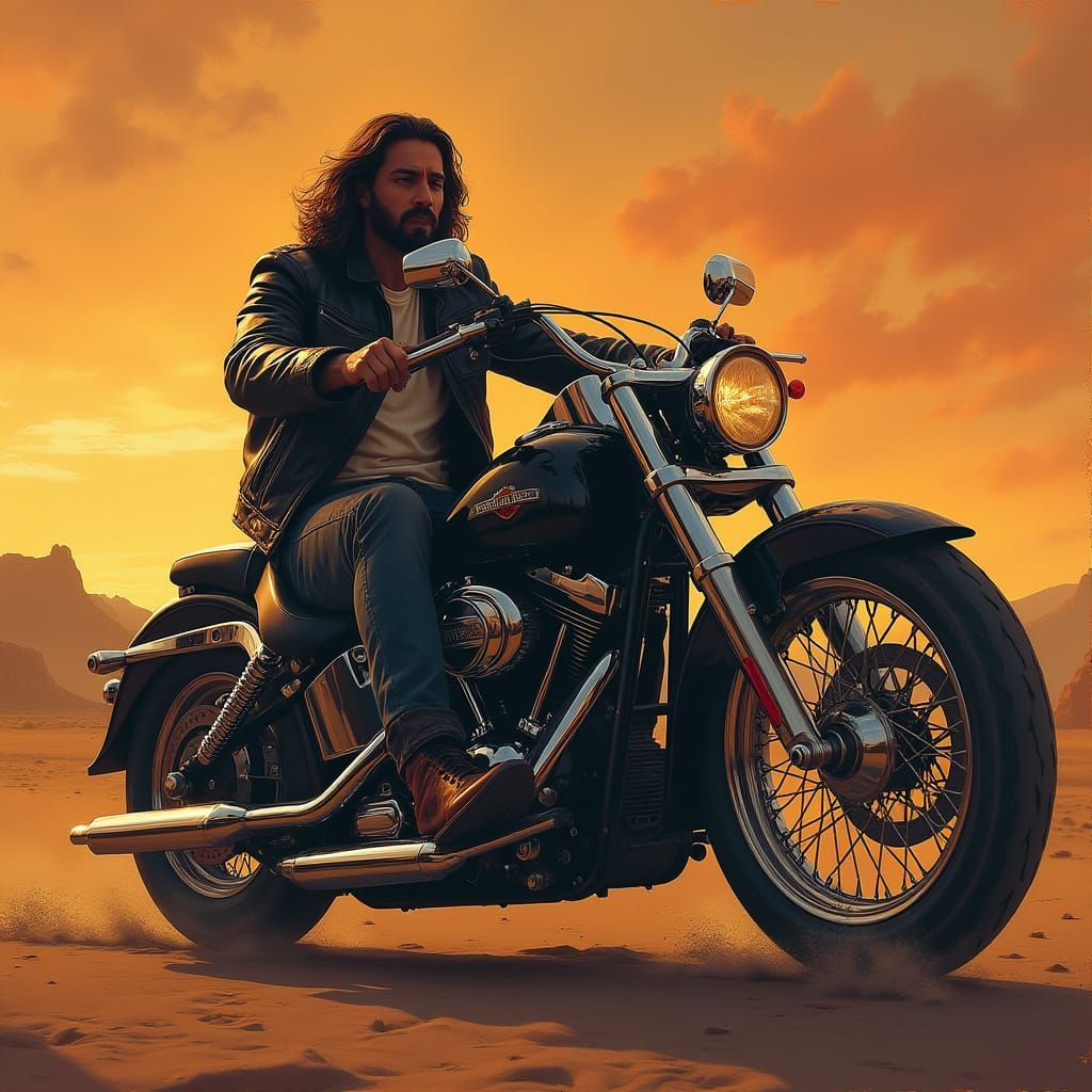 Jesus in Gritty Desert Landscape on Harley-Davidson