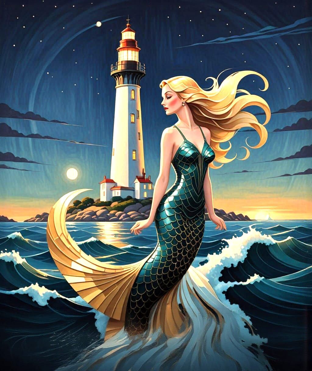 Art Deco Mermaid Beside Lighthouse