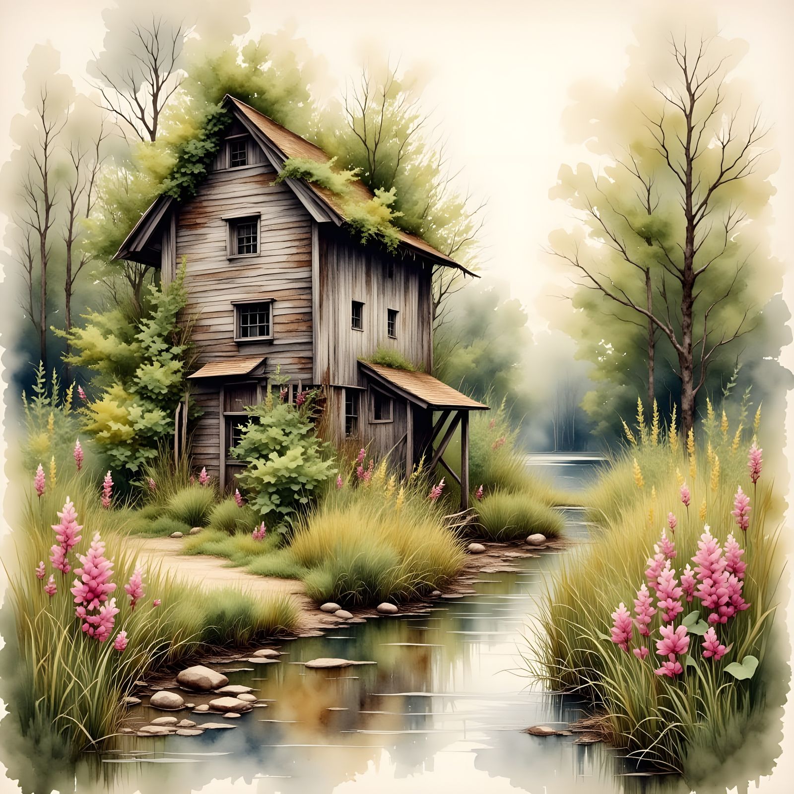 Ancient Watermill in Gritty Watercolor