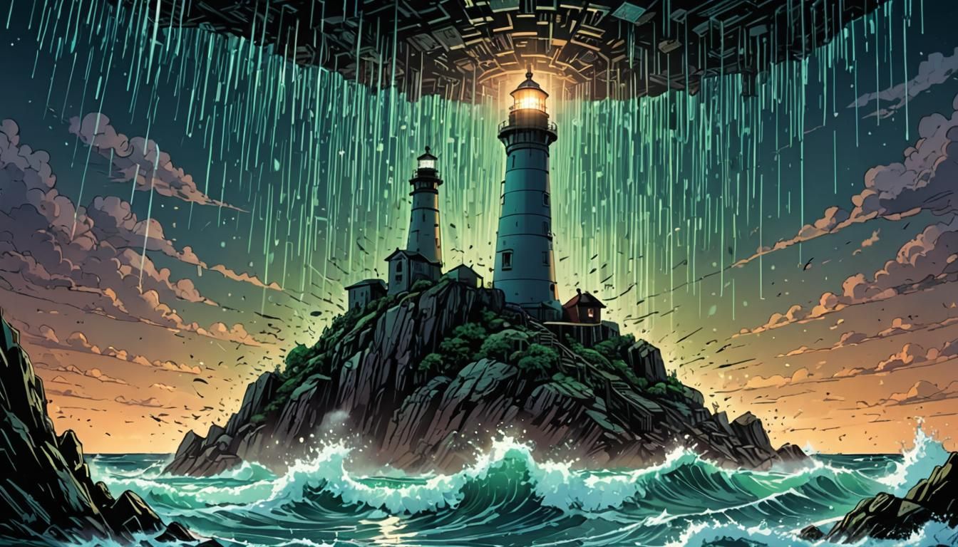 Lighthouse Emerging from Matrix Code: Digital Comic Art