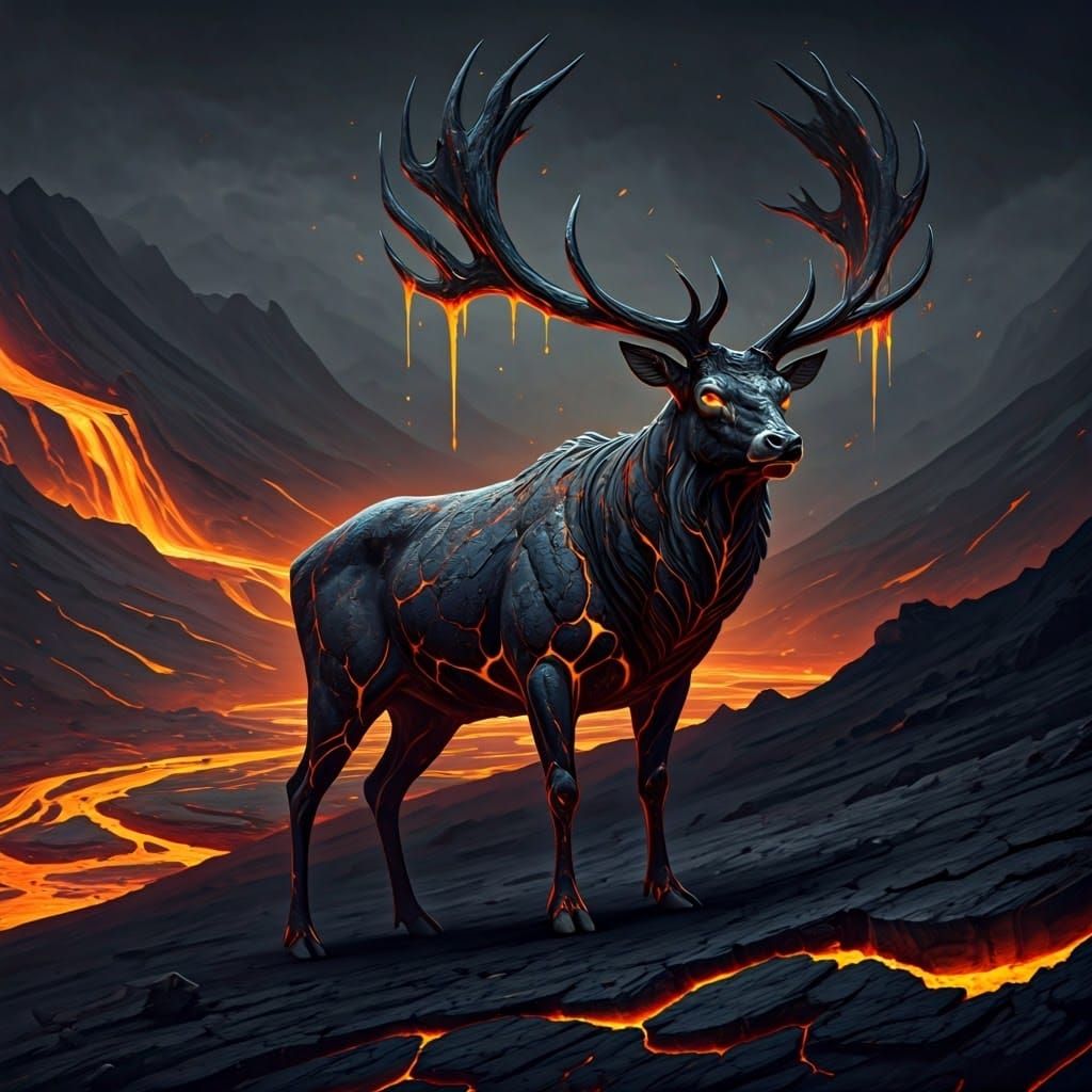 Volcanic Elk in Molten Landscape, Matte Painting