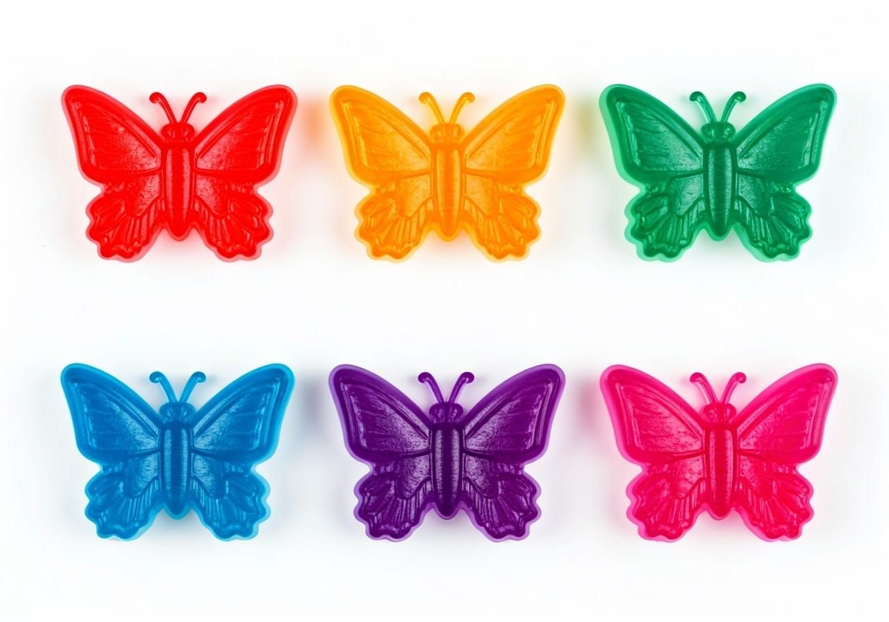 Vibrant Rainbow Jelly Gummy Butterflies Dance Across a White...