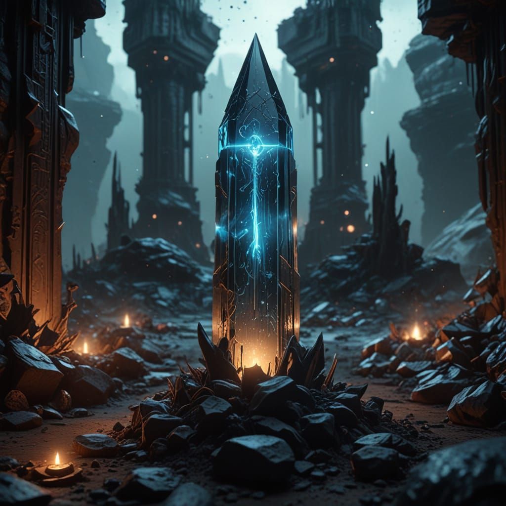 Bioluminescent Crystal Obelisk in Alien Landscape