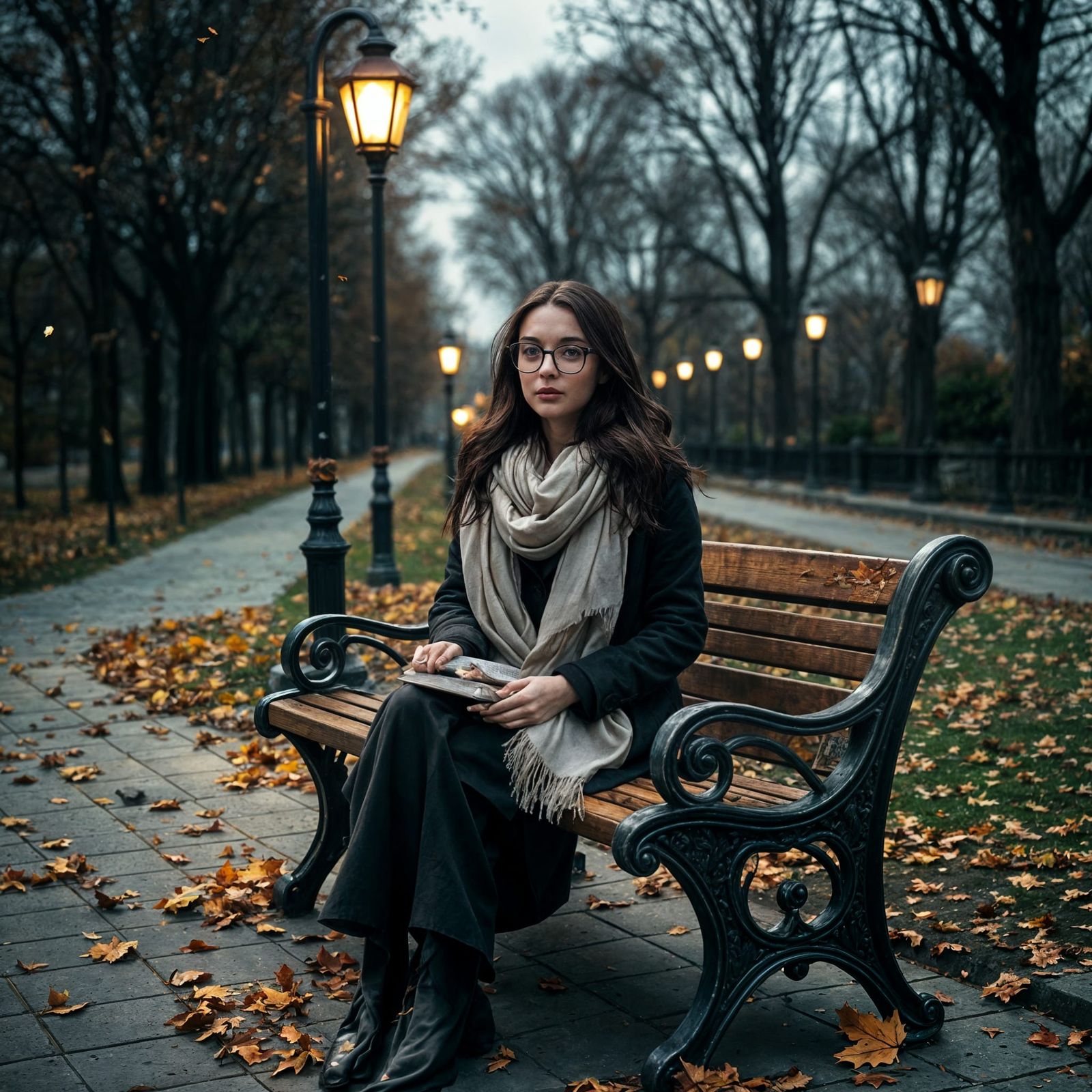 Lonely Brunette Woman in Autumn Park with Soft Lighting