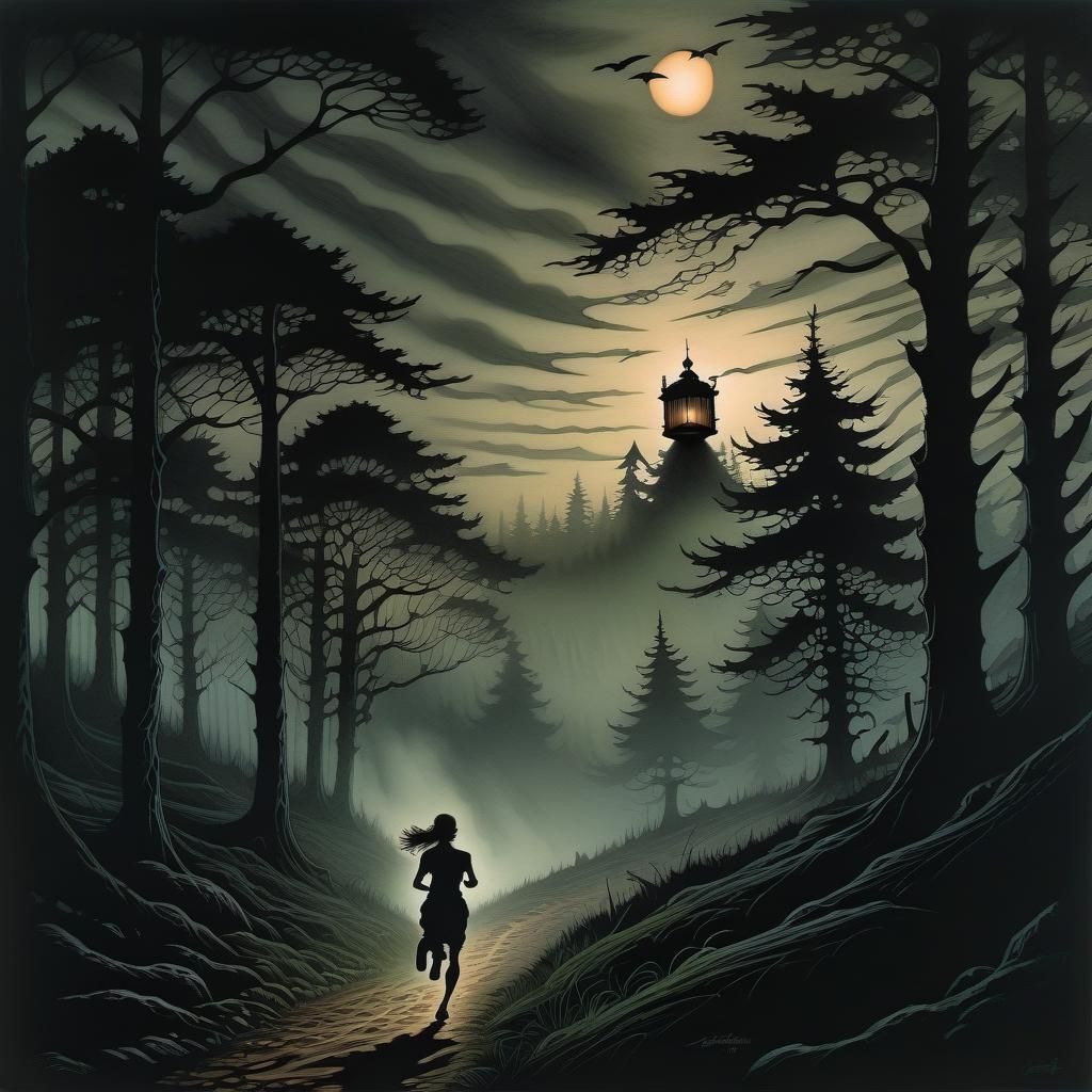 Woman Running Towards Lantern in Misty Forest