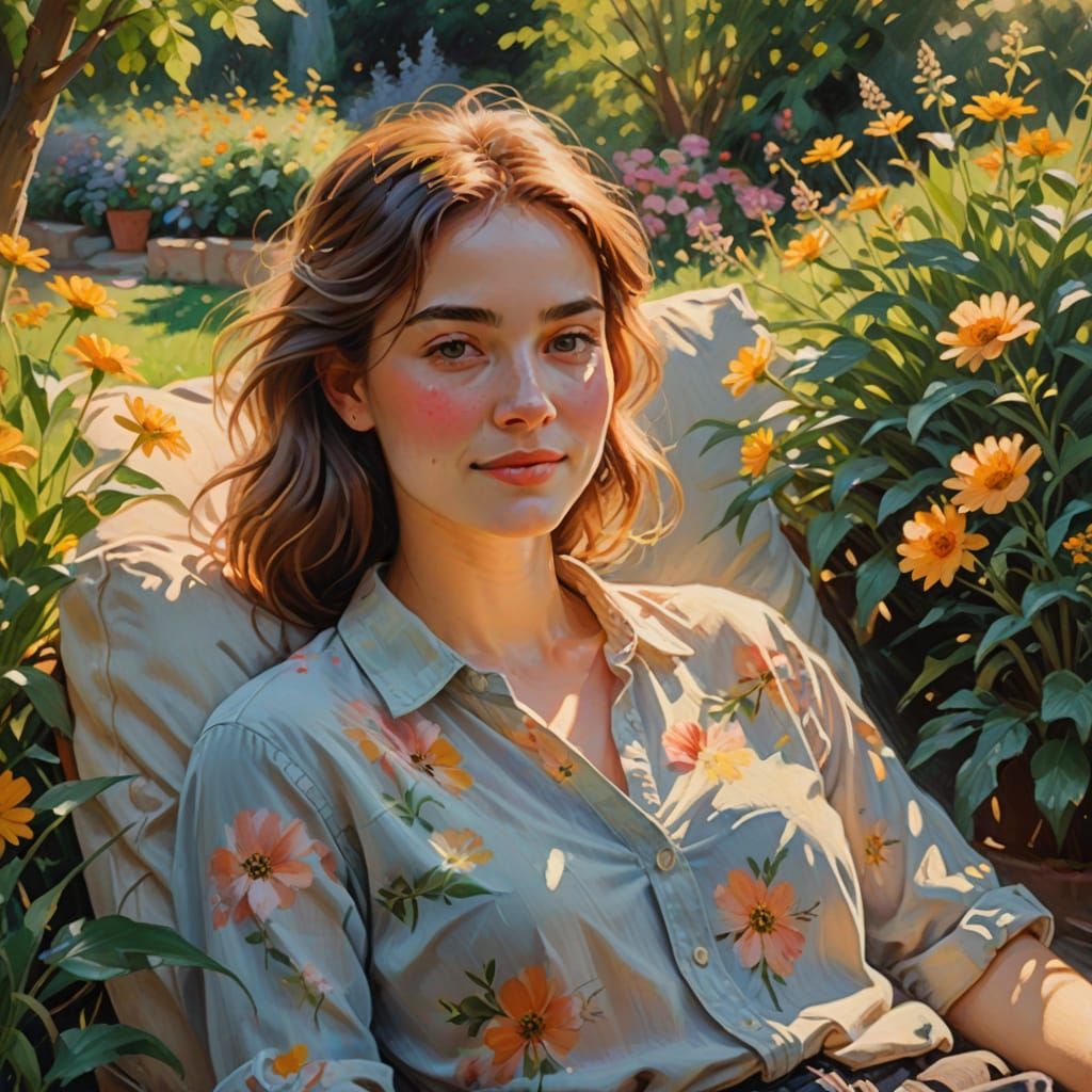 Impressionist Garden Scene in Warm Sunlight