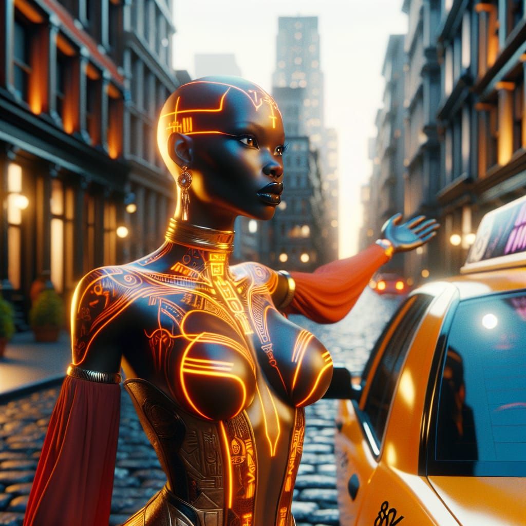 Afrofuturist Diva with Hieroglyphic Tattoos in Soho