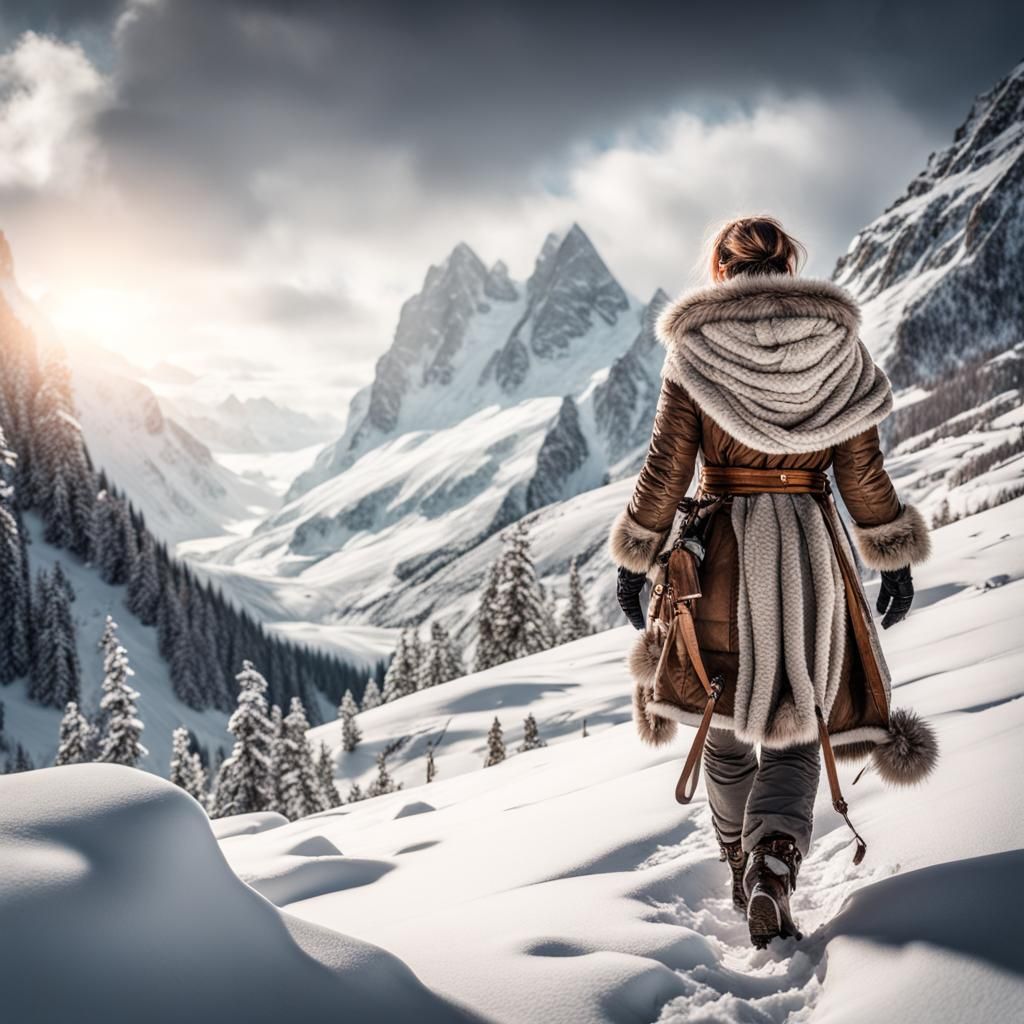 Hyperrealistic Adventurer in Snowy Landscape