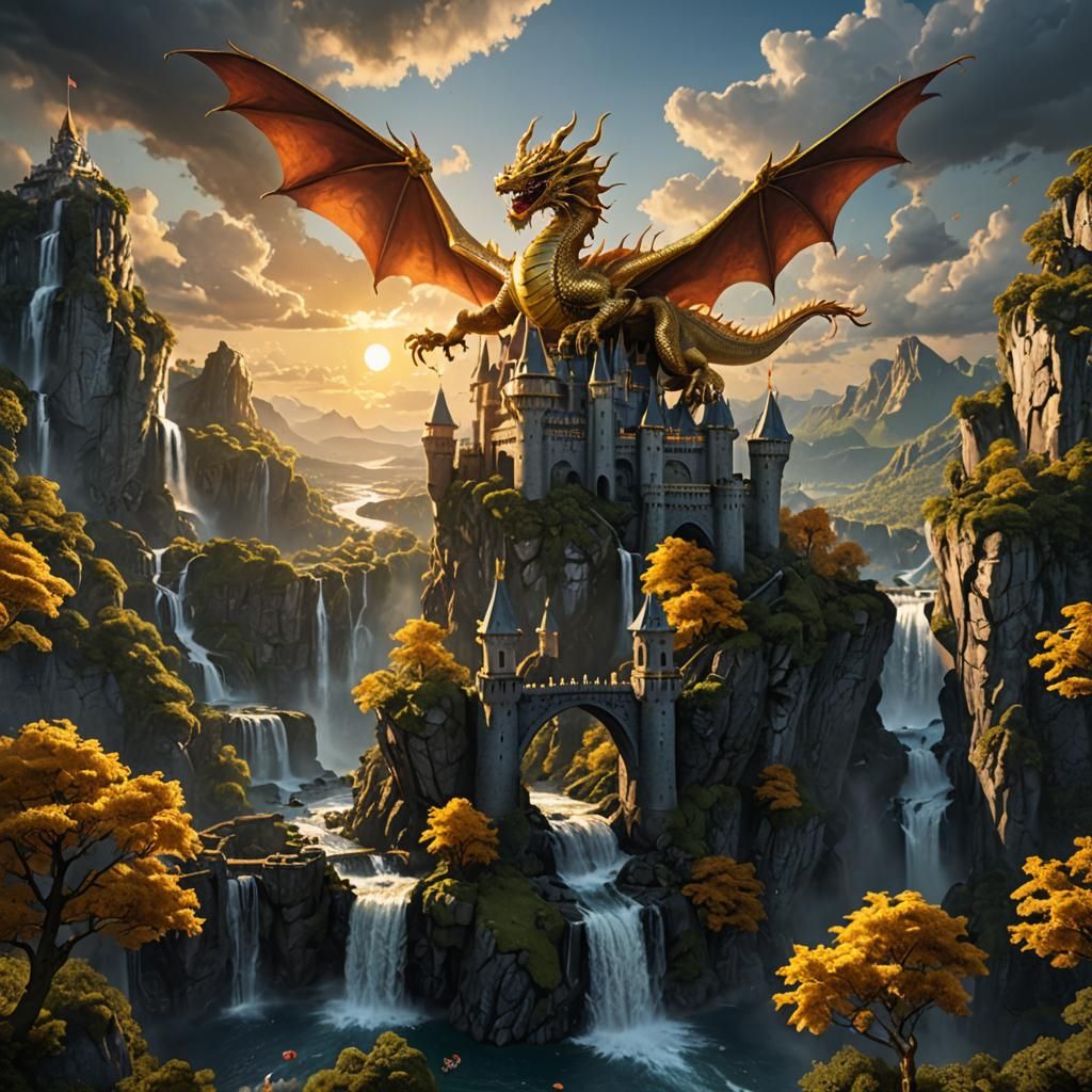 Golden Dragon Over Silver Castle at Sunset