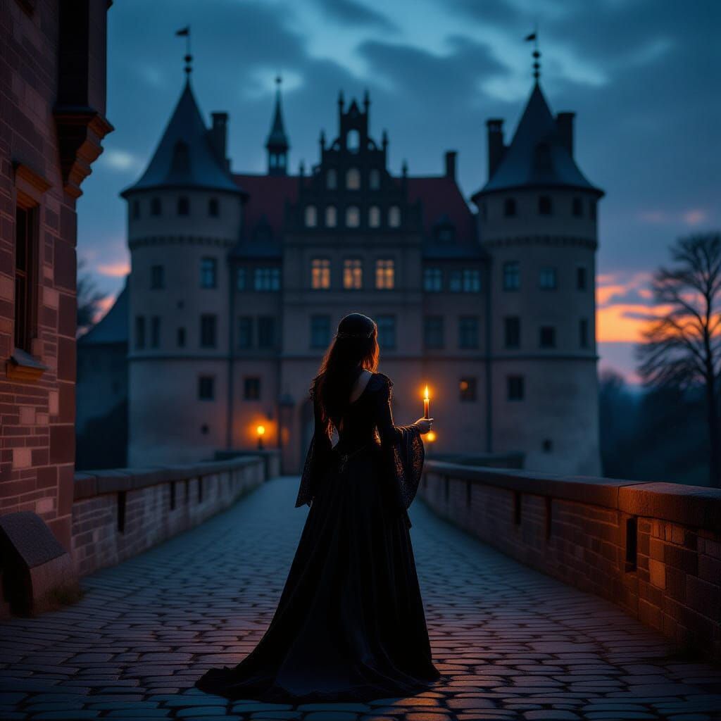 Gothic Woman at Twilight Castle in Painterly Style