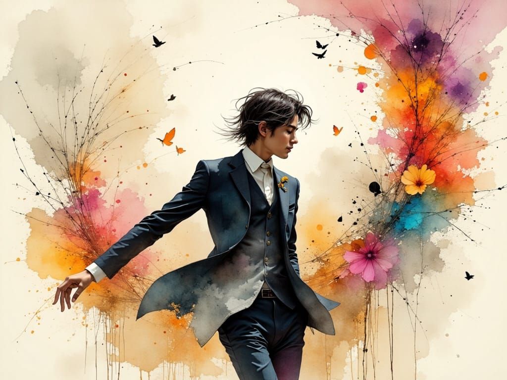 Enchanting Gentleman Dances in Vibrant Watercolor Dreamscape