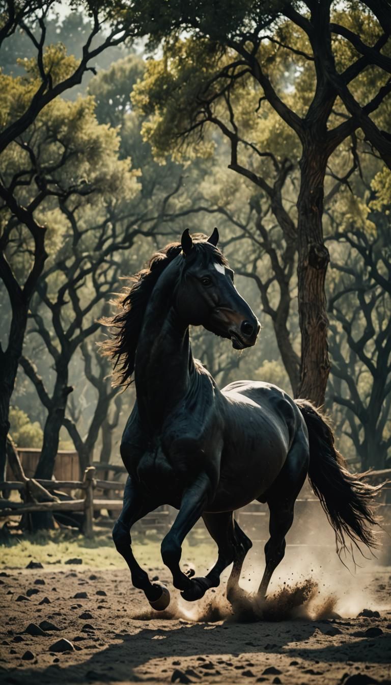 Dramatic Black Stallion Rearing: Cinematic Film Still