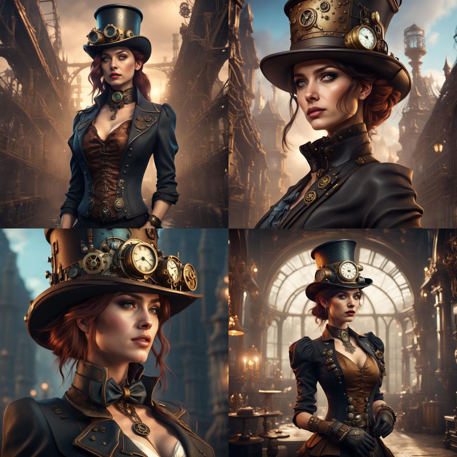 Steampunk Woman in Top Hat: Detailed Matte Painting