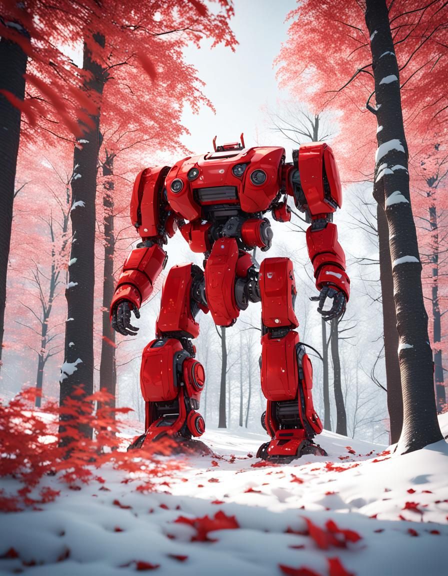 Red Robot in Snowy Forest, Sci-Fi Render