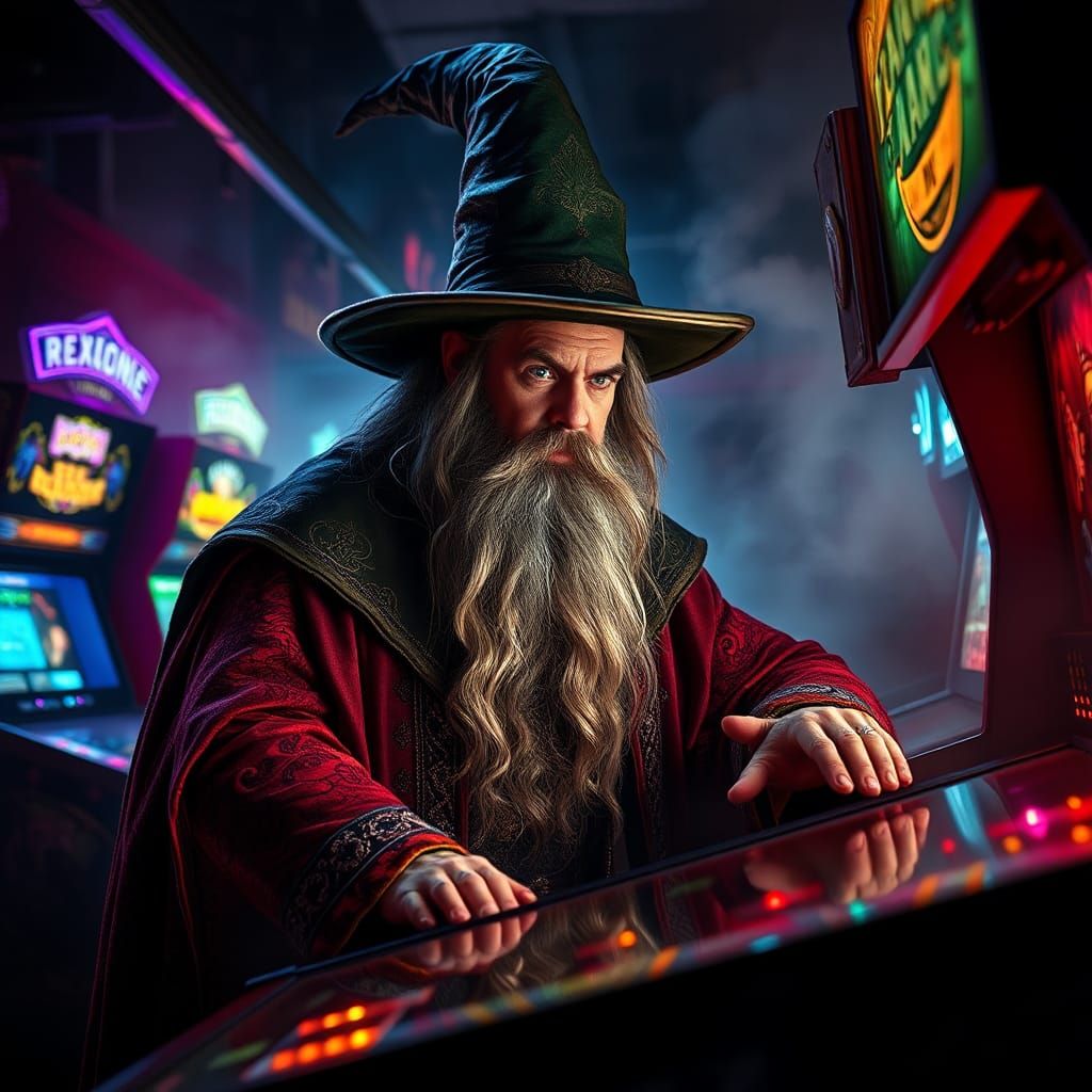 Wizard Playing Pinball in Neon Arcade, Hyperrealistic Image