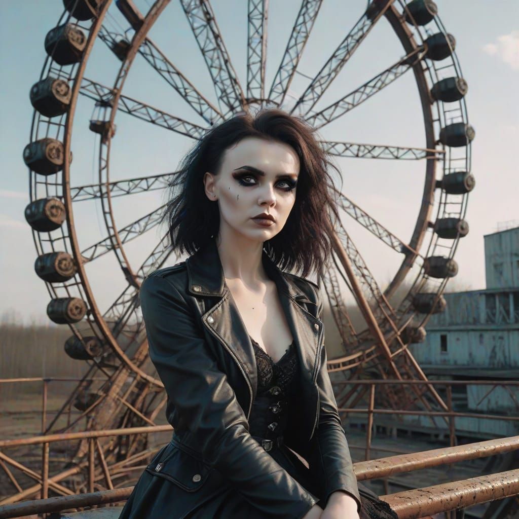 Goth Beauty on Rusted Ferris Wheel in Chernobyl