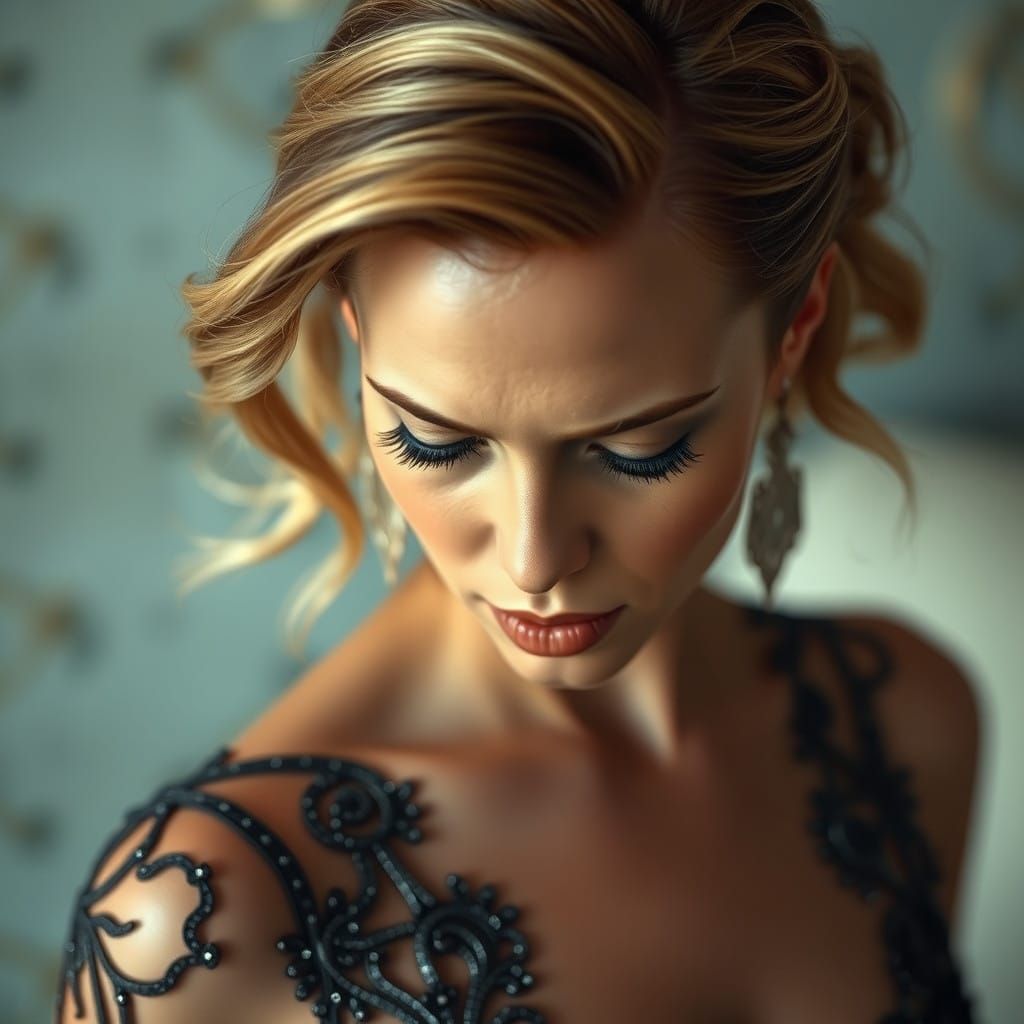 Glamorous Actress in Stunning Latex Gown Looks Down