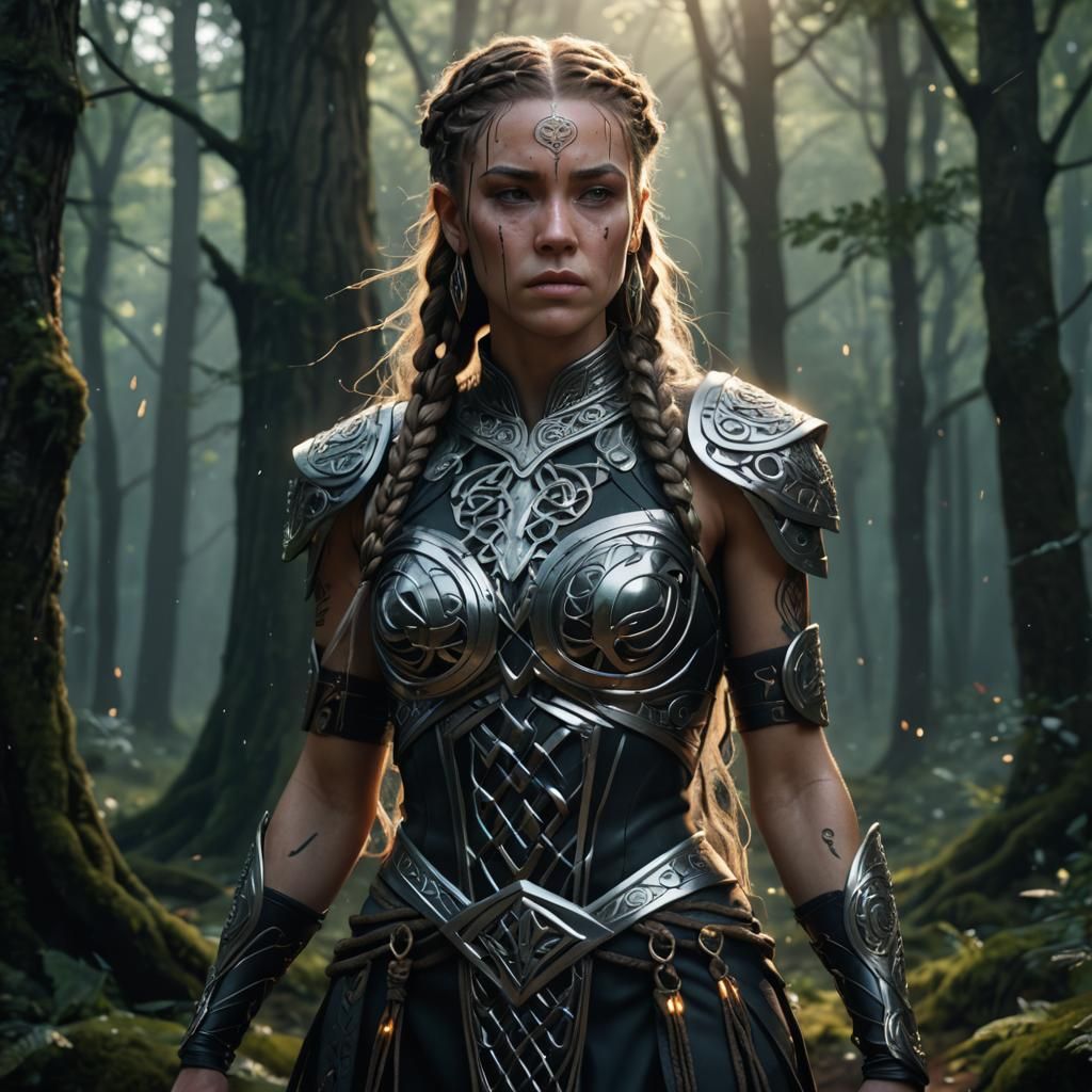 Futuristic Celtic Warrior Crying in Dark Forest