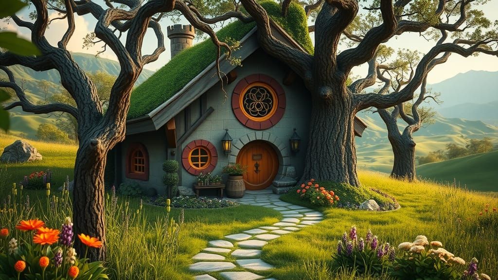 Charming Hobbit House in Vibrant Meadow, Fantasy Art