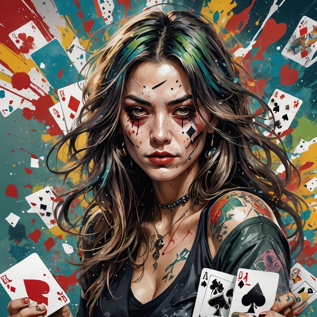 Poker Woman Portrait in Japanese Splash Art Style