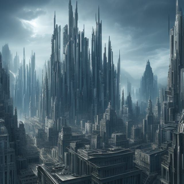 Surreal Silver and Blue Cityscape with Futuristic Architectu...