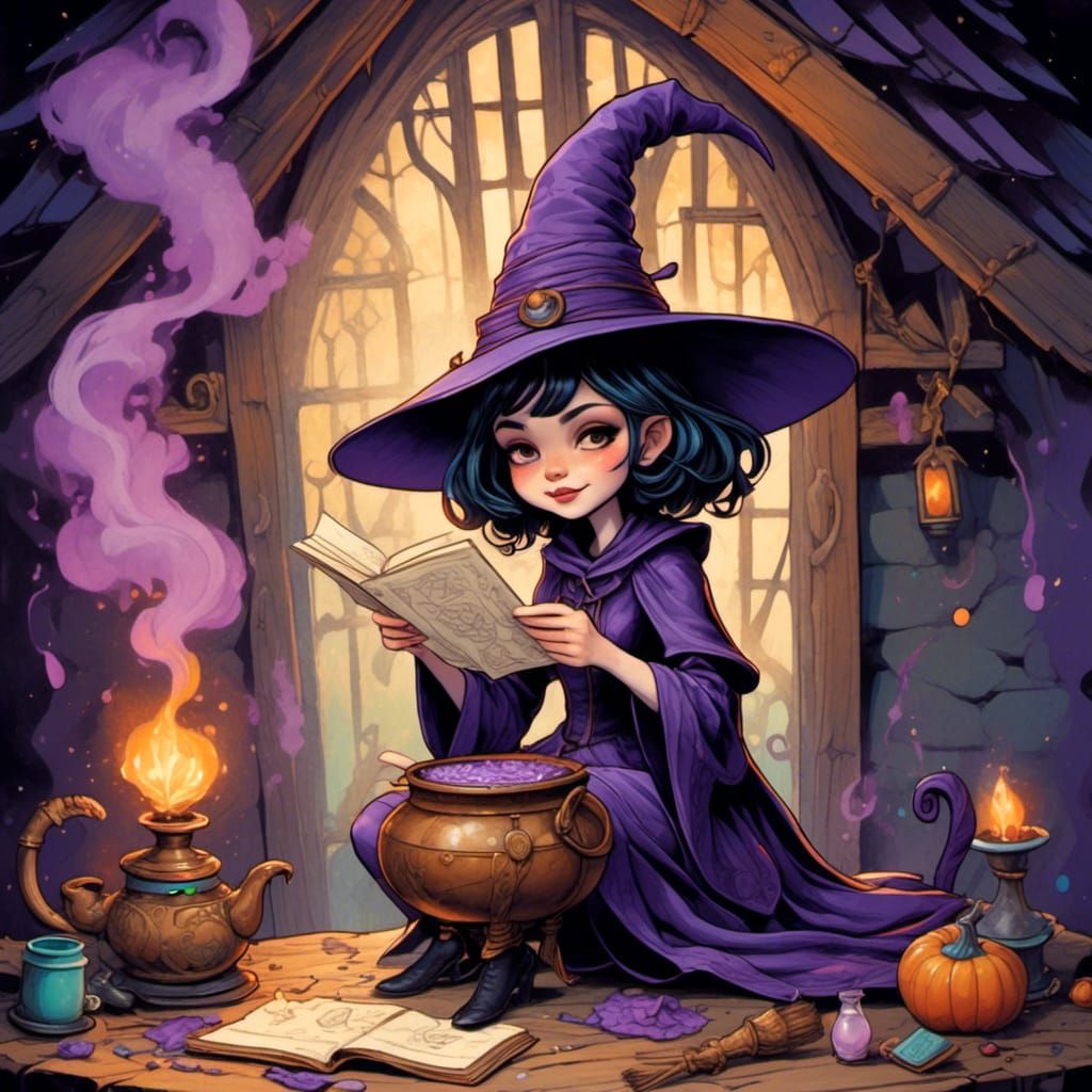 Whimsical Witch Girl in Cottage Mail Art Style