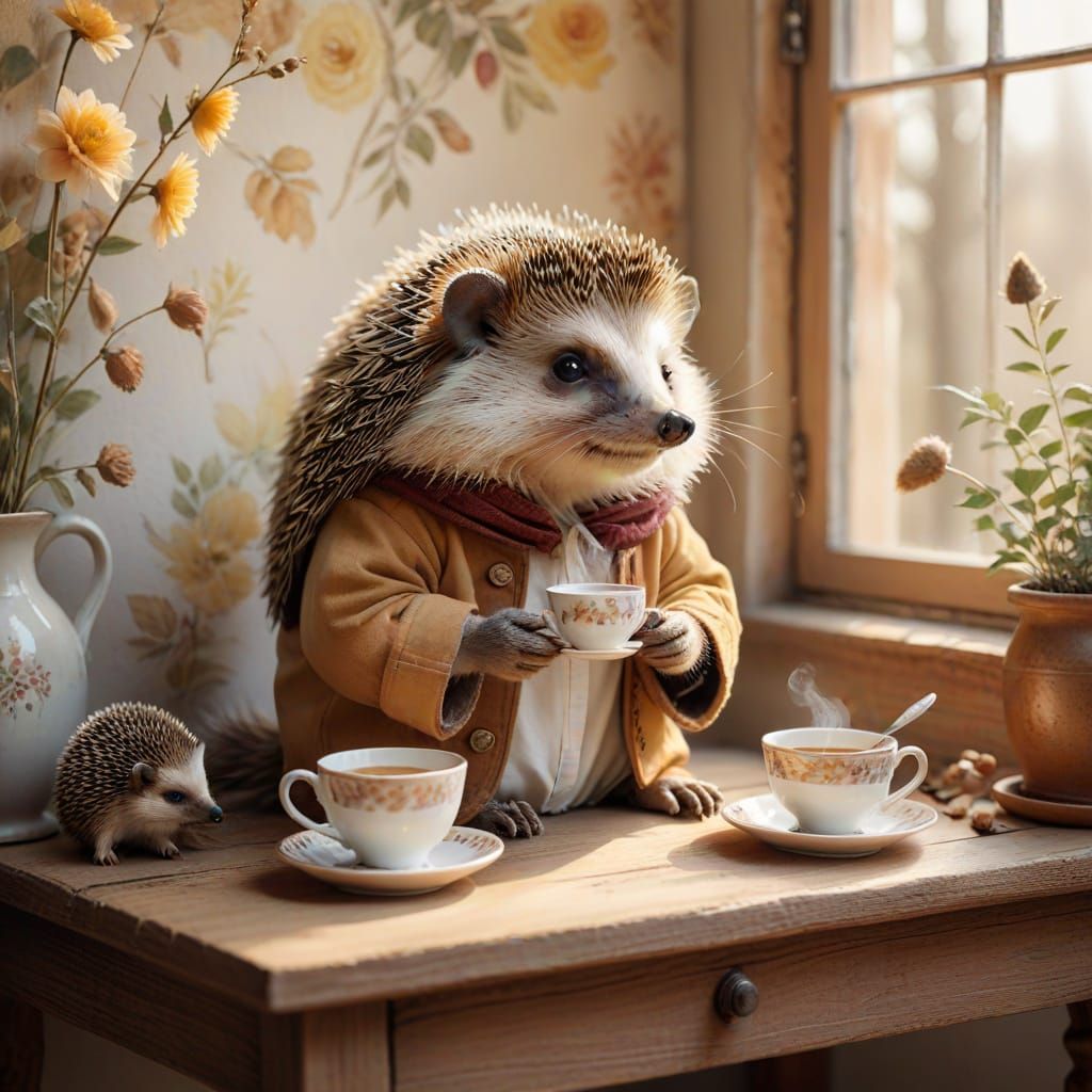 Whimsical Watercolor Scene of Hedgehog Sipping Tea