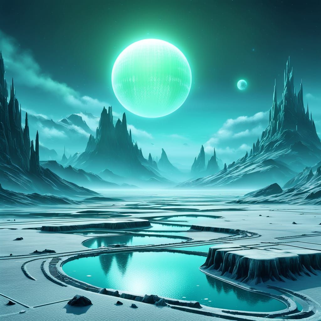 Surreal Cosmic Landscape with Glowing Ice and Fractals in Re...