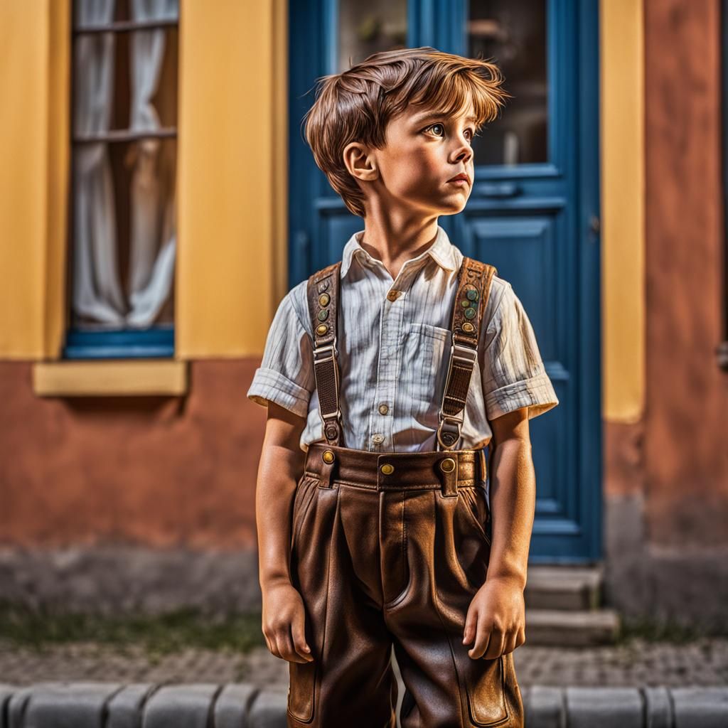 Young Boy in Lederhosen: Hyperrealistic Street Scene
