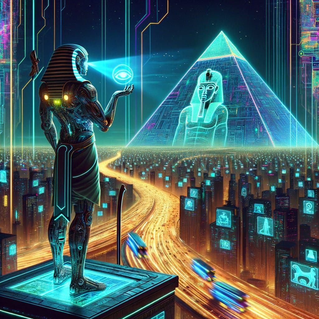 Cybernetic Pharaoh Overlooks Neon Metropolis