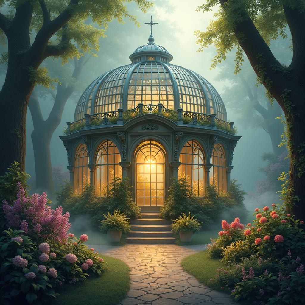 Majestic Greenhouse in Kinkade Style with Ethereal Mist