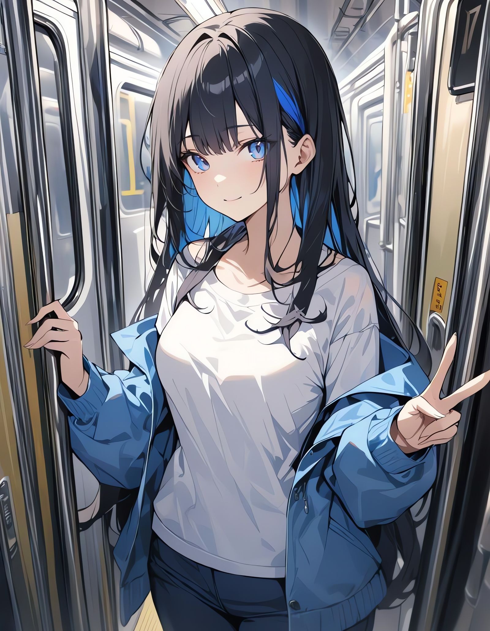 Girl with Blue Streaked Hair in Subway Train