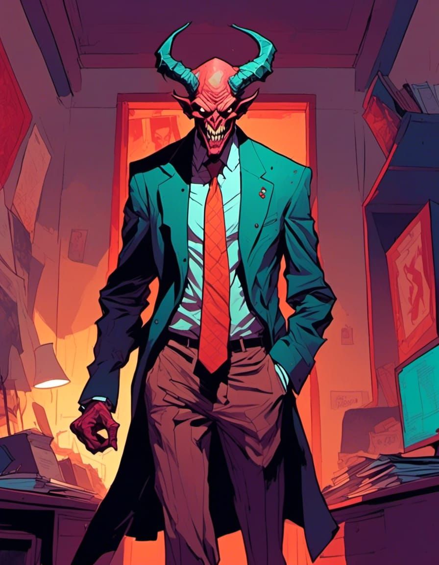 Sinister Half-Demon Bureaucrat Portrait in Comic Style