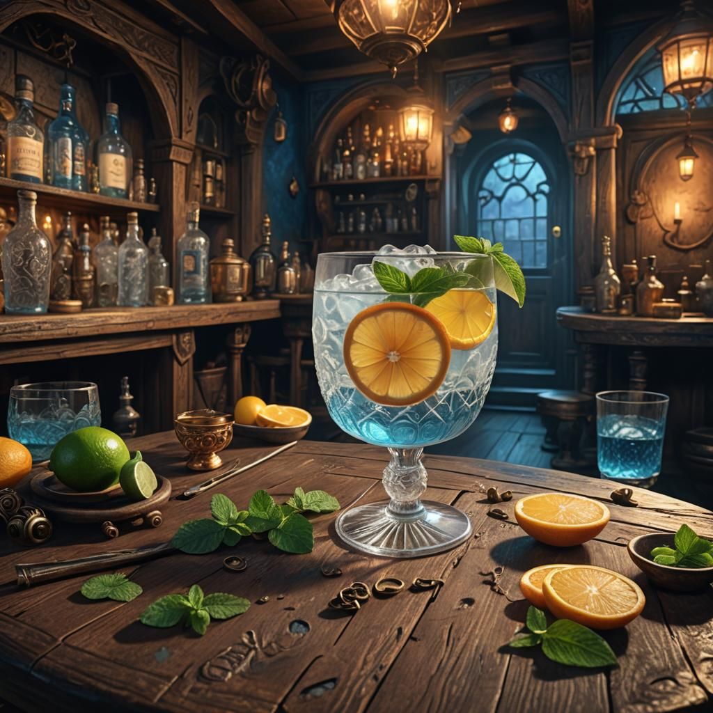 Gin in Mysterious Tavern: Magical Realism Concept Art