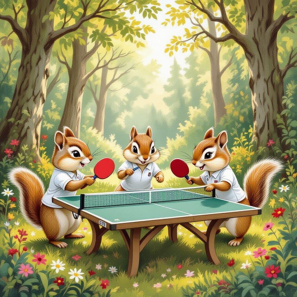 Chipmunk Tennis Players in Forest Glen, Illustrated Style