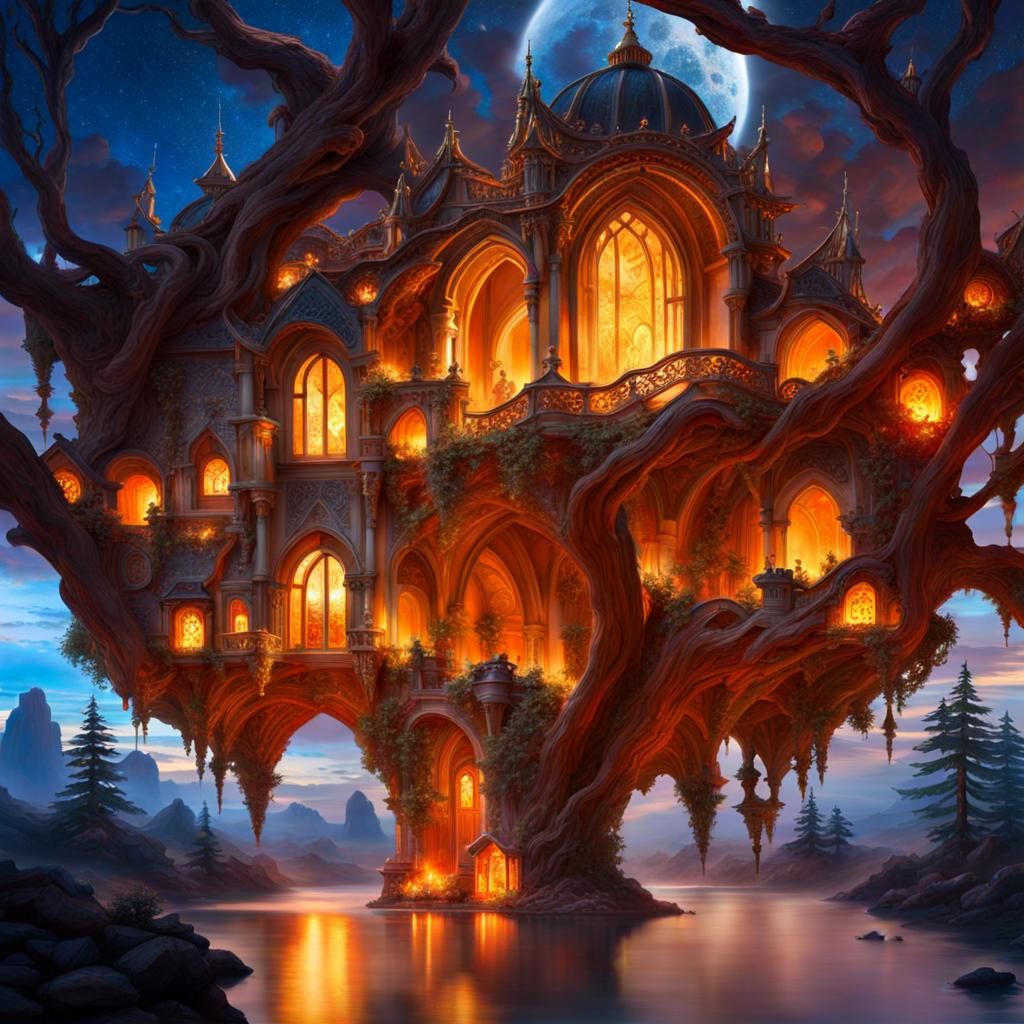 Clockpunk Crystal Bonsai Village with Mushroom Mansions