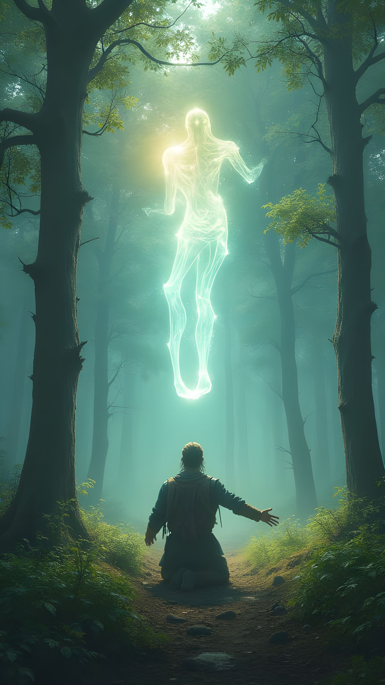 Mystical Warrior Receives Ethereal Gift in Forest